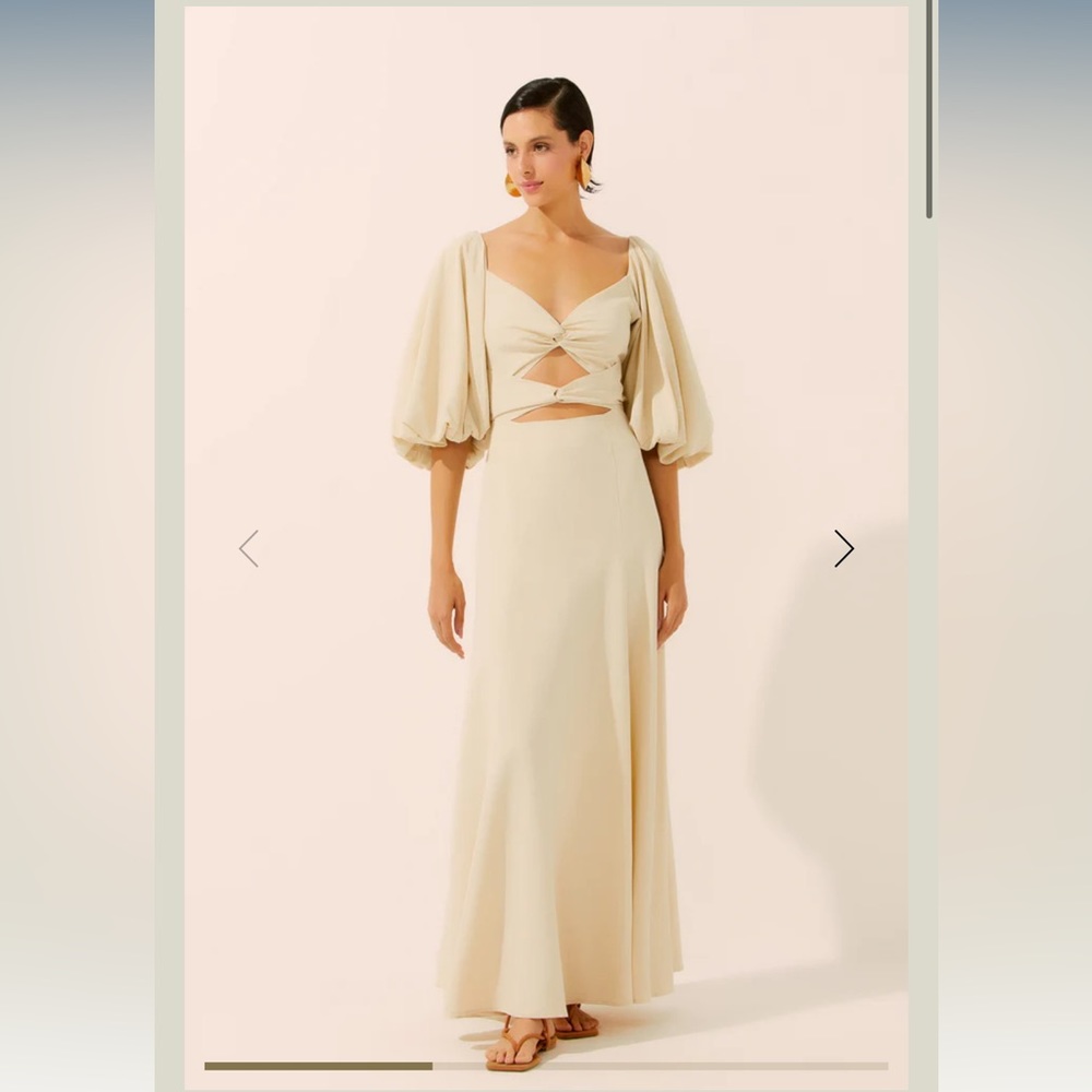 Agua de Coco Long Petunia Dress with Puff Sleeves NWT beige linen